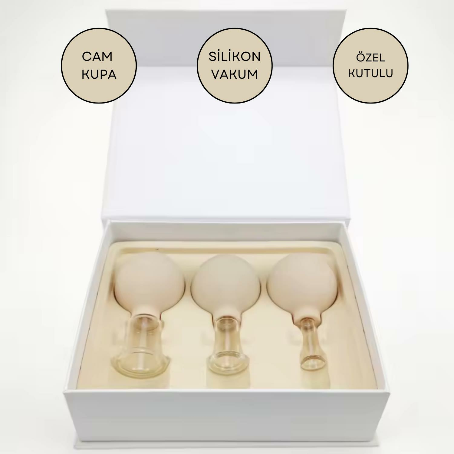 Silikon Vakumlu Cam Yüz Masaj Kupası 3'lü Set Bej Renk