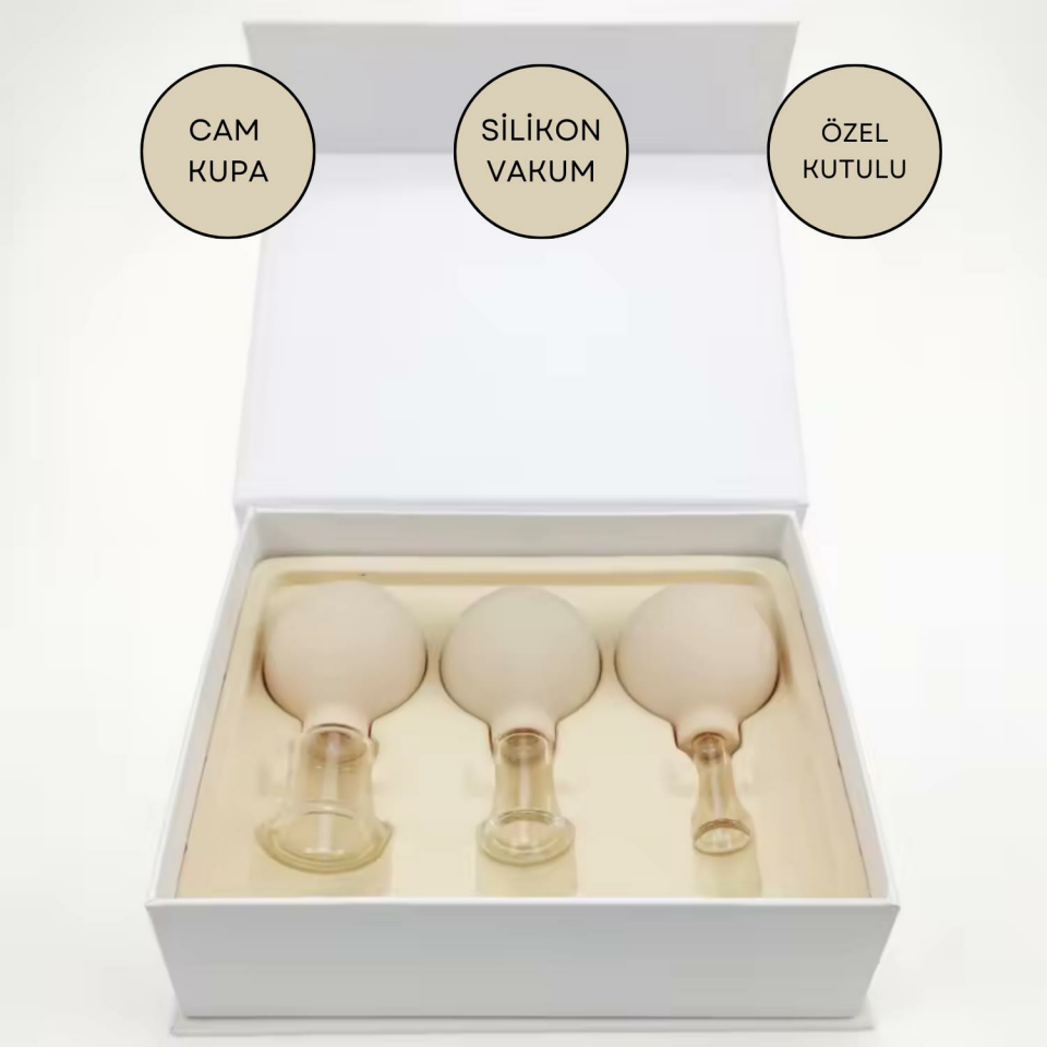 Silikon Vakumlu Cam Yüz Masaj Kupası 3'lü Set Bej Renk