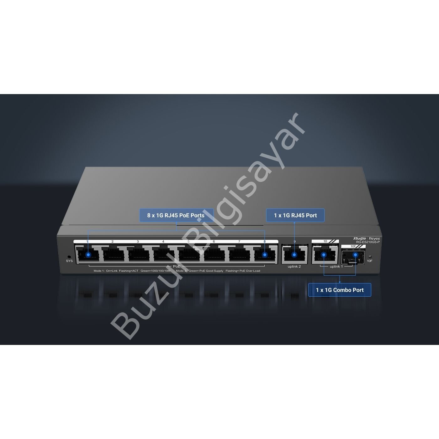 RUIJIE REYEE RG-ES210GS-P 8 PORT 10/100/1000 8 PORT POE 1XGE UPLINK 1 X SFP 120W RUJIE CLOUD YONETILEBILIR DESKTOP SWITC
