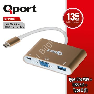 QPORT Q-TV03 TYPE-C TO VGA/USB/TYPE-C 1920x1080P ÇEVİRİCİ ADAPTÖR