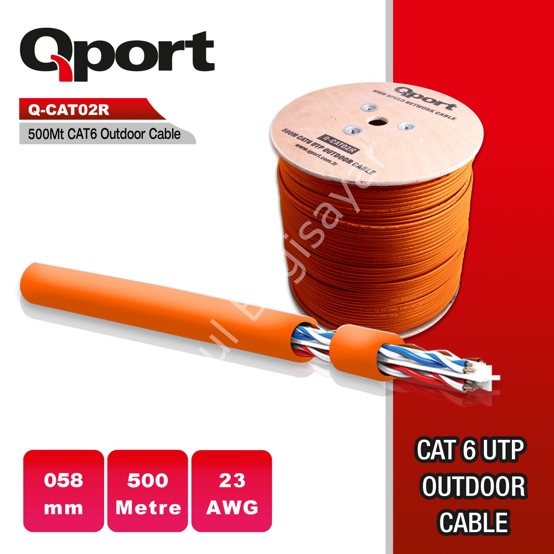 QPORT Q-CATO2R 500MT UTP CAT6 OUTDOOR NETWORK KABLO TURUNCU 23AWG 0.58MM