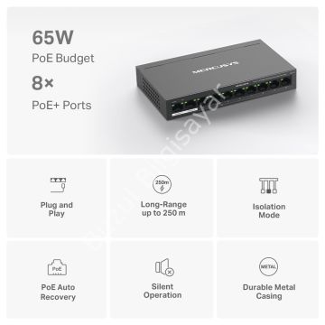 TP-LINK MERCUSYS MS110P 10 PORT 10/100 8 PORT POE+ YONETILEMEZ DESKTOP SWITCH METAL KASA
