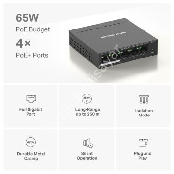 TP-LINK MERCUSYS MS105GP 5 PORT 10/100/1000 4 PORT POE+ YONETILEMEZ DESKTOP SWITCH METAL KASA