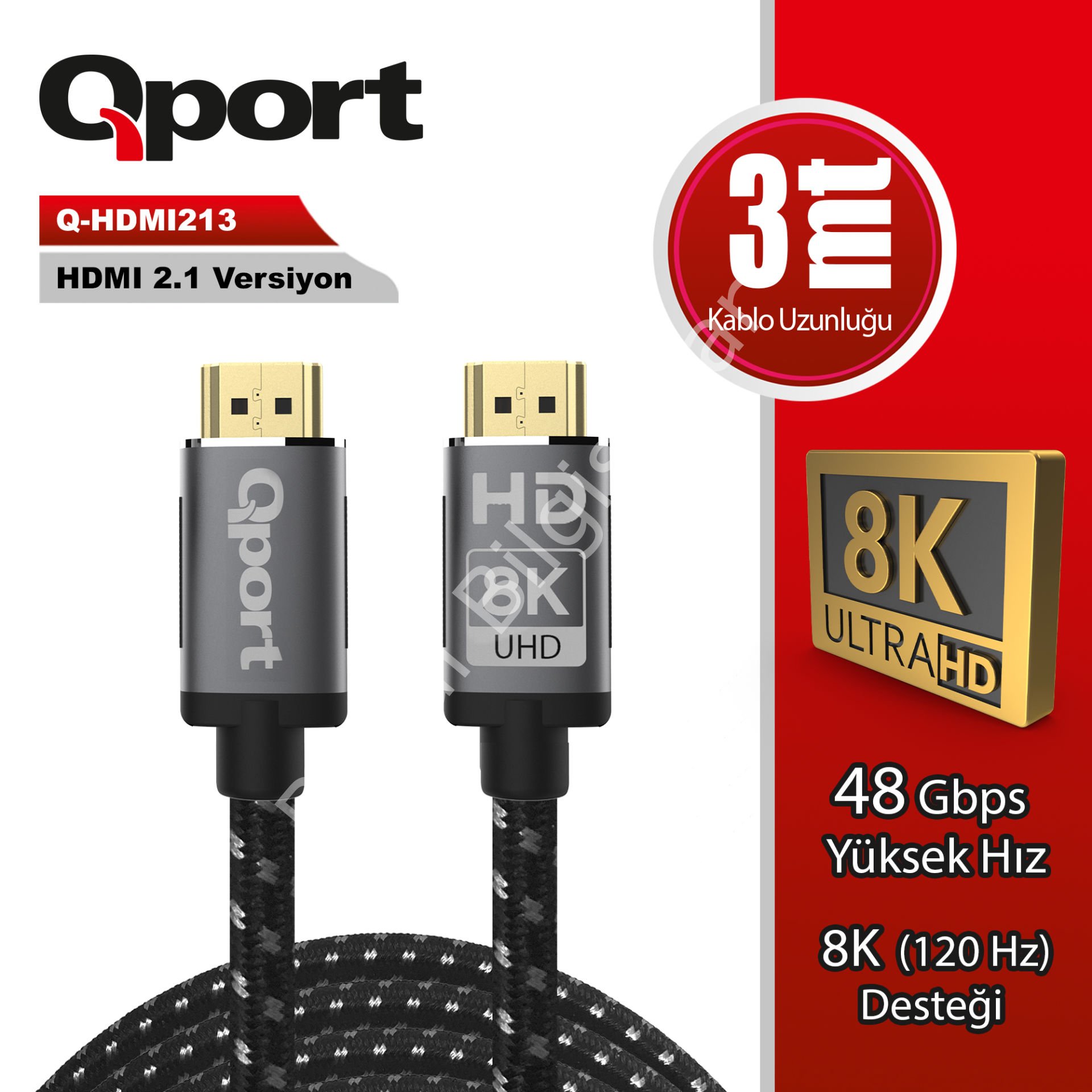 QPORT Q-HDMI213 HDMI KABLO 3 MT 2.1V 8K ALTIN UÇLU ÖRGÜLÜ
