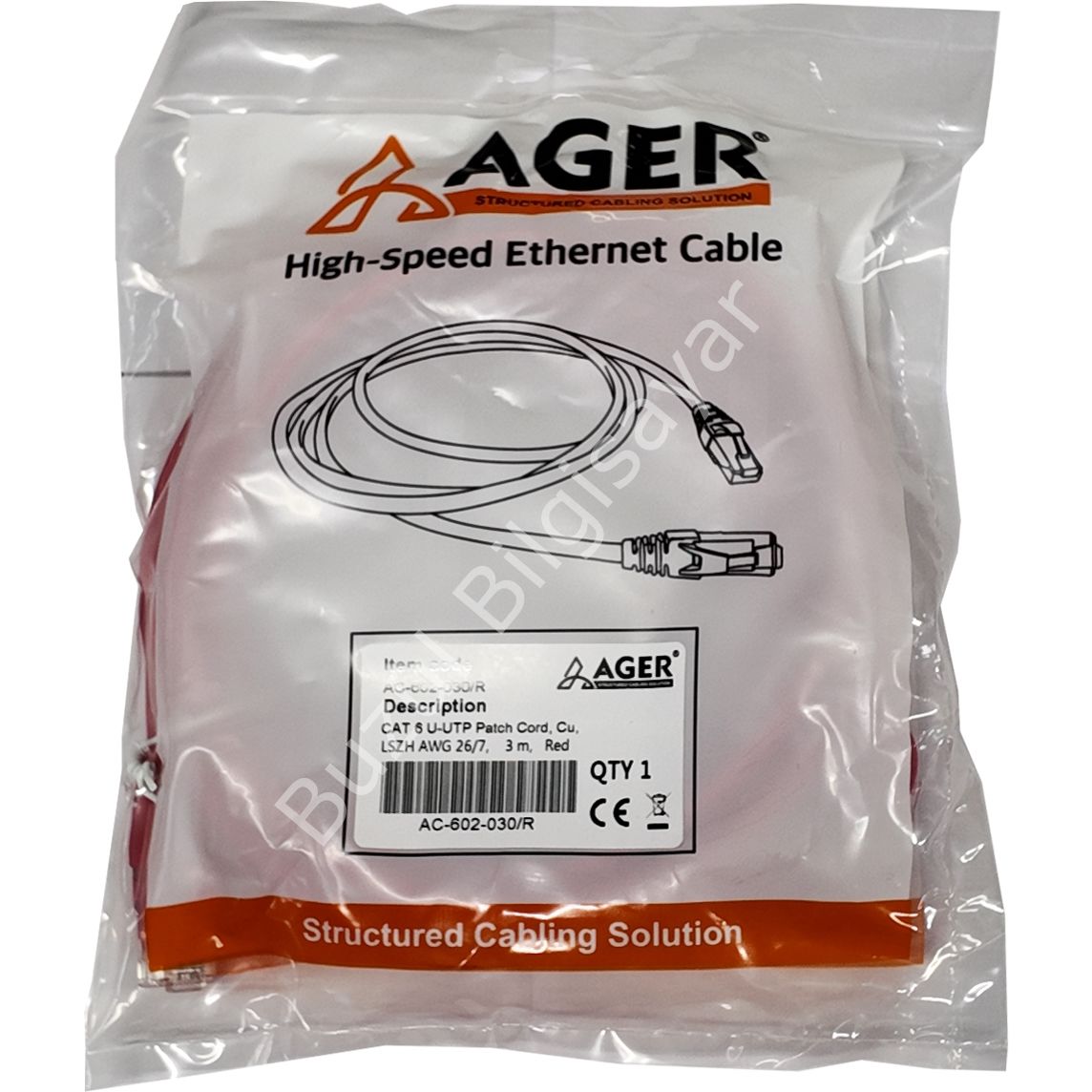 AGER AC-602-030 3 MT UTP CAT6 PATCH KABLO KIRMIZI Cu, LSZH AWG 26/7