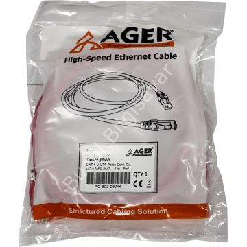 AGER AC-602-030 3 MT UTP CAT6 PATCH KABLO KIRMIZI Cu, LSZH AWG 26/7