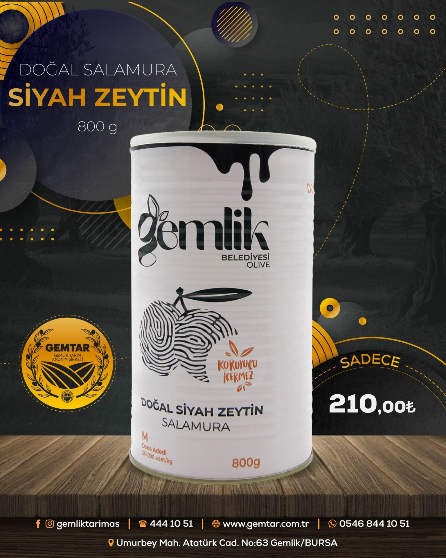 800 gr Gemlik Siyah Zeytin (261-290 kalibre)