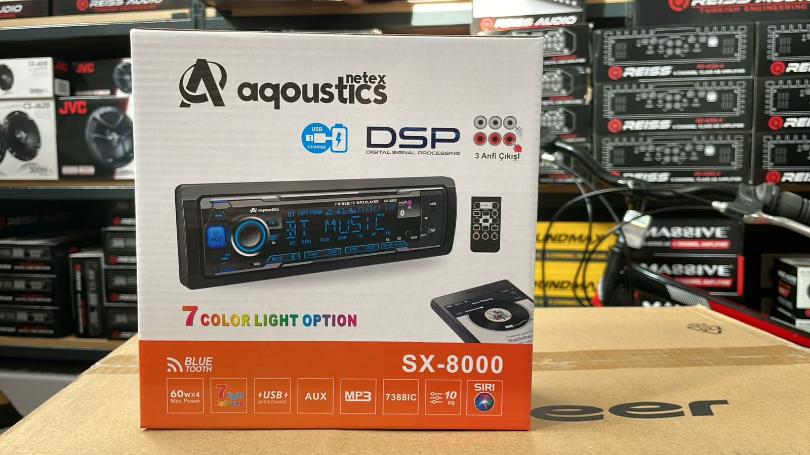 AQOUSTİCS SX-8000 OTO TEYP DSP SES İŞLEMCİSİ 3 AMFİ ÇIKIŞLI BLUETOOTH  USB RENK DEĞİŞTİREBİLEN EKRAN VE TUŞLAR