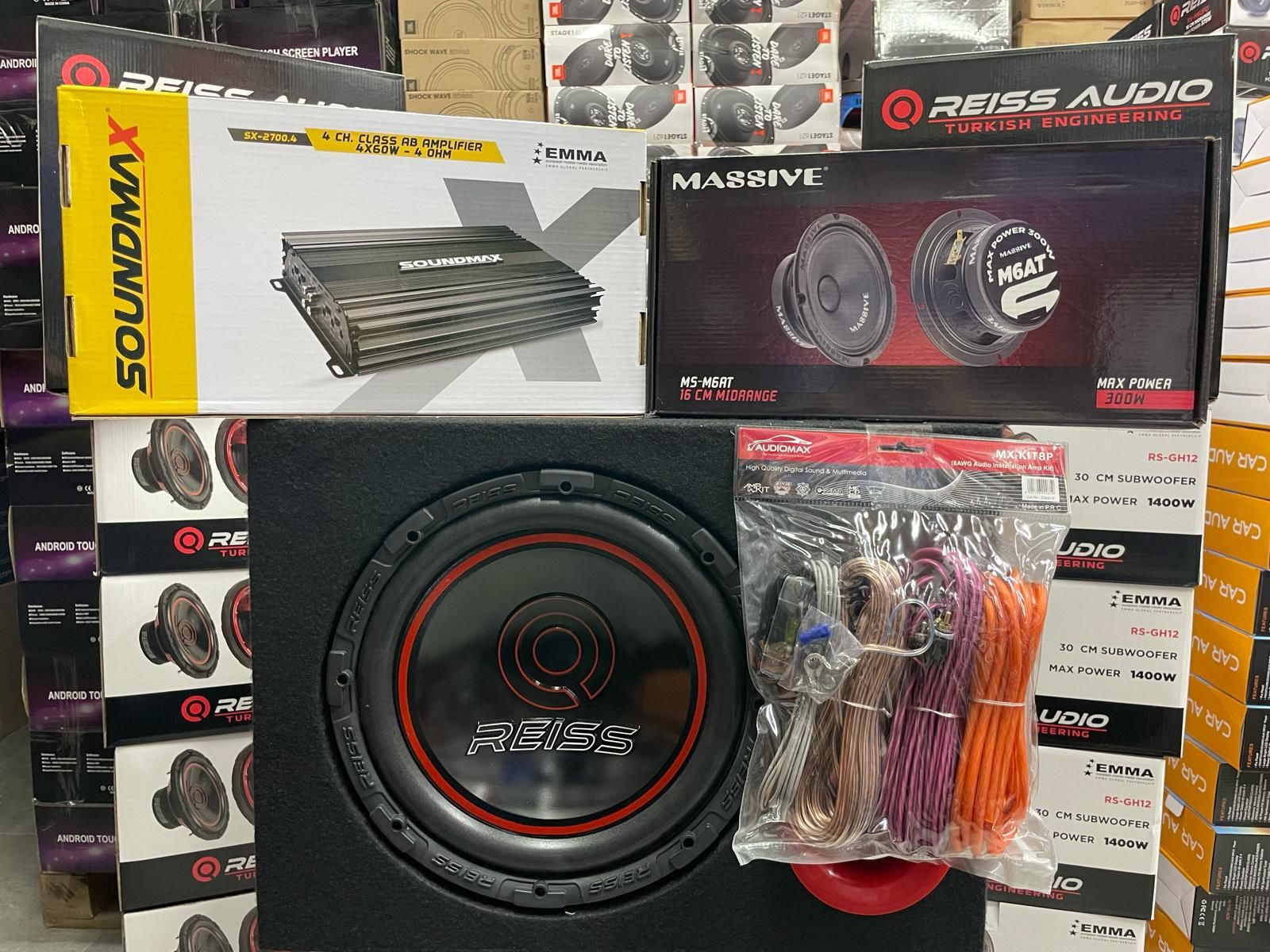 REİSS AUDİI RS-GH12 30 CM SUBWOOFER BAS 1400W +MASSİVE MS-M6AT 16 CM MİDRANGE 300 WATT+ SOUNDMAX SX-2700.4AB 3000W 4 KANAL AMFİ KABLO KABİN