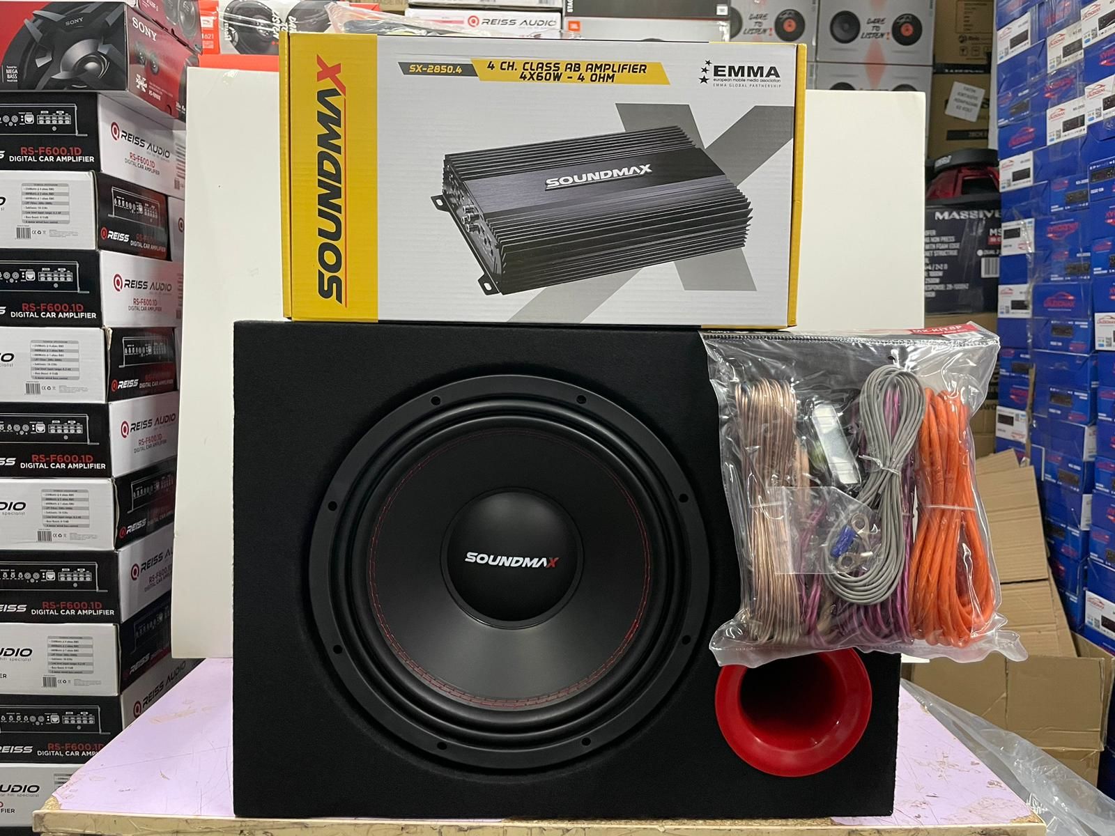 SOUNDMAX SX-RT12 1500WAT 30 CM SUBWOOFER BAS KABİNLİ SX-2850.4 3000W 4KANAL AMFİ KABLO TK.