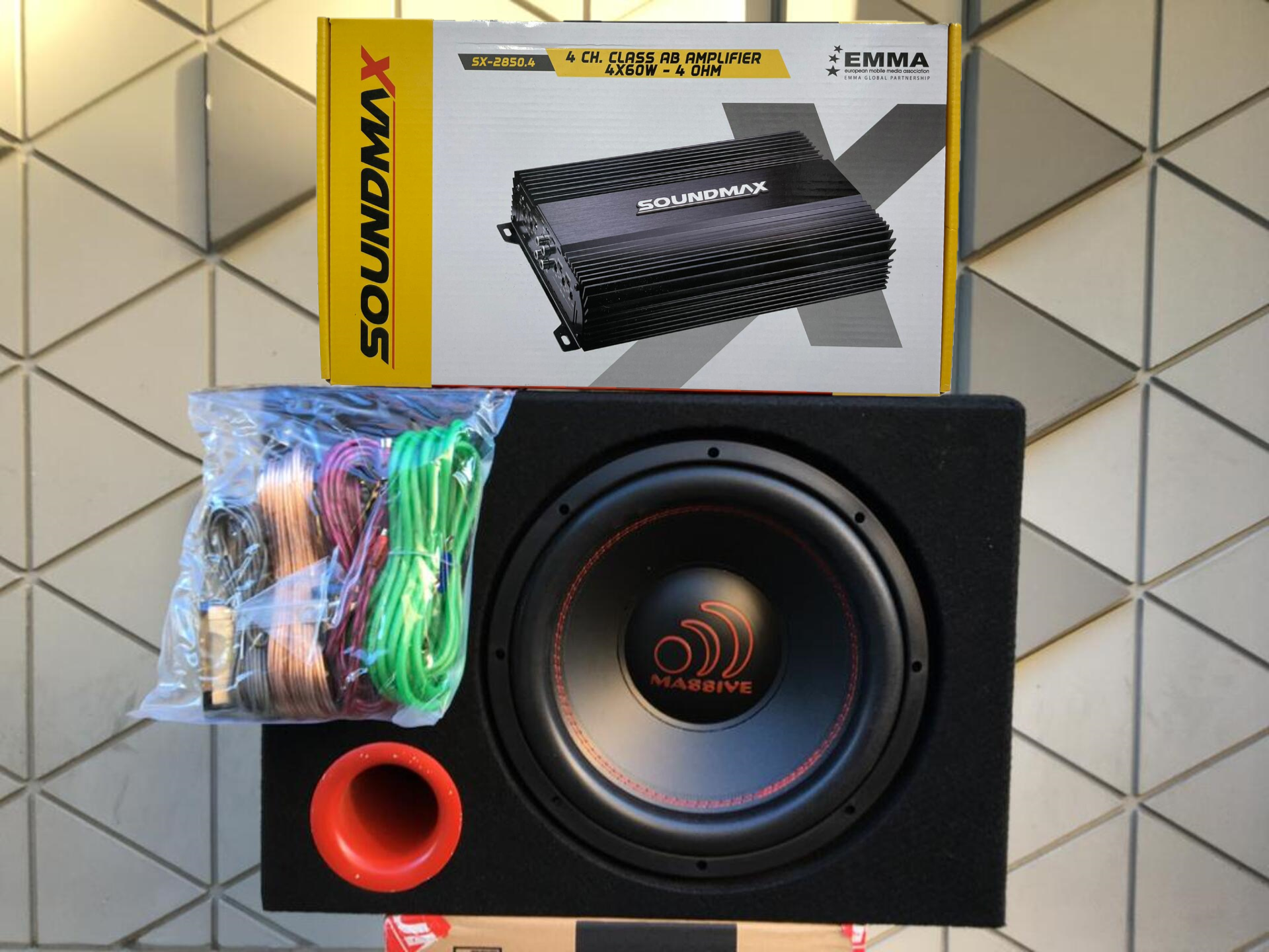 MASSİVE MS-NEO12 30 CM SUBWOOFER BAS 1400 WATT ÇİFT BOBİN SOUNDMAX SX-2850.4 4 KANAL 3000 WATT AMFİ  KABLO TAKIMI VE KABİN