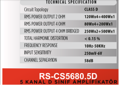 REISS AUDİO RS-CS5680.5D 5 KANAL AMFİ 4 OHM 80Wx4+200Wx1