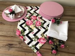 SOFRA SUNUM SETİ ZİGZAG ÜZERİNE PEMBE GÜL DESENLİ TAKIM