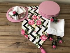 SOFRA SUNUM SETİ ZİGZAG ÜZERİNE PEMBE GÜL DESENLİ TAKIM
