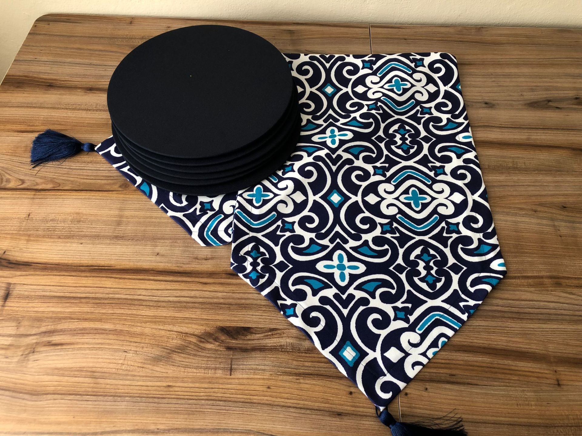 MARİN DAMASK DESENLİ RUNNER & LACİVERT  SUPLA