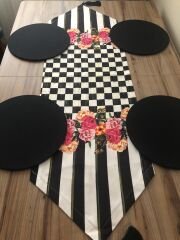 DAMA DESENLİ FUŞYA ÇİÇEKLİ RUNNER & SUPLA