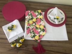SOFRA SUNUM TAM SET FUŞYA ÇİÇEKLER ARASINDA LİMON DESENLİ
