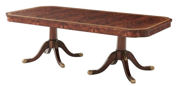 A MAHOGANY AND BRASS INLAID TWIN PEDESTAL DINING TABLE