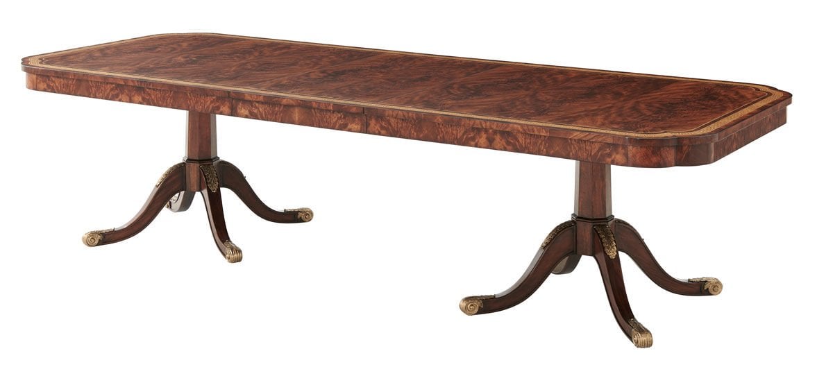 A MAHOGANY AND BRASS INLAID TWIN PEDESTAL DINING TABLE