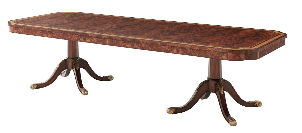 A MAHOGANY AND BRASS INLAID TWIN PEDESTAL DINING TABLE