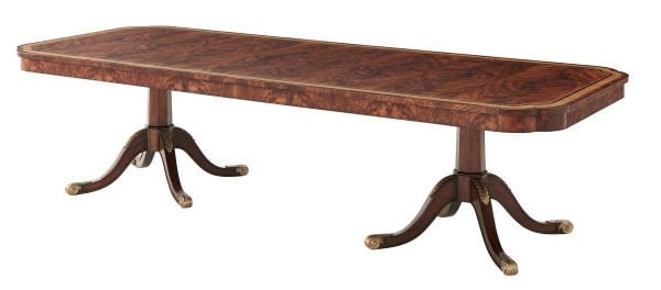 A MAHOGANY AND BRASS INLAID TWIN PEDESTAL DINING TABLE
