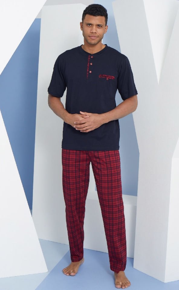 KLY Kareli Kısa Kol Midi Yaka Pamuk Erkek Pijama