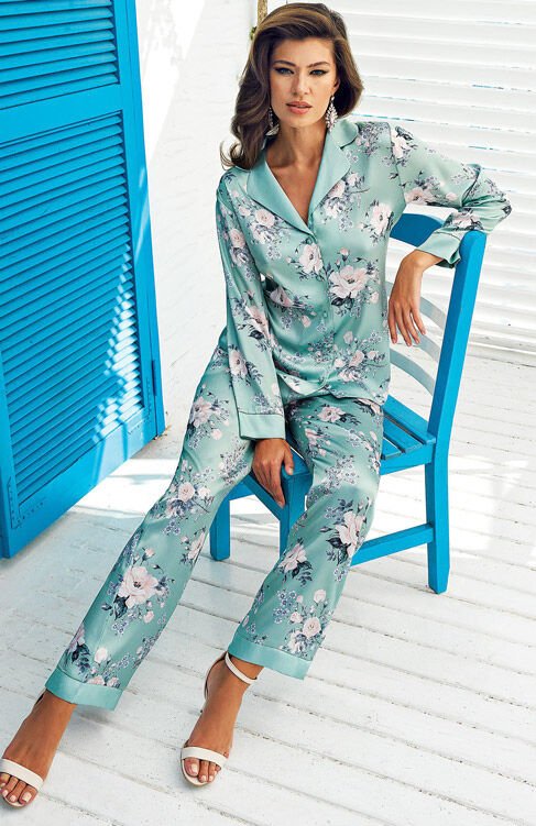 Perin 5401 Mint Yeşili Bahar Çiçek Desenli Kadın Saten Pijama Takım