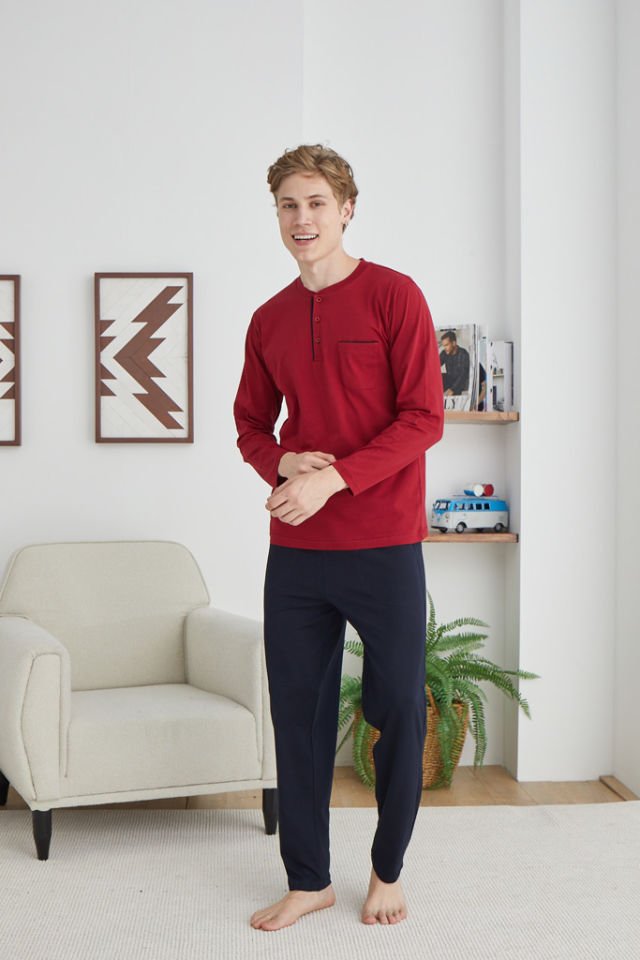 Kly Midi Yaka Uzun Kol Pamuk Penye Klasik Erkek Pijama