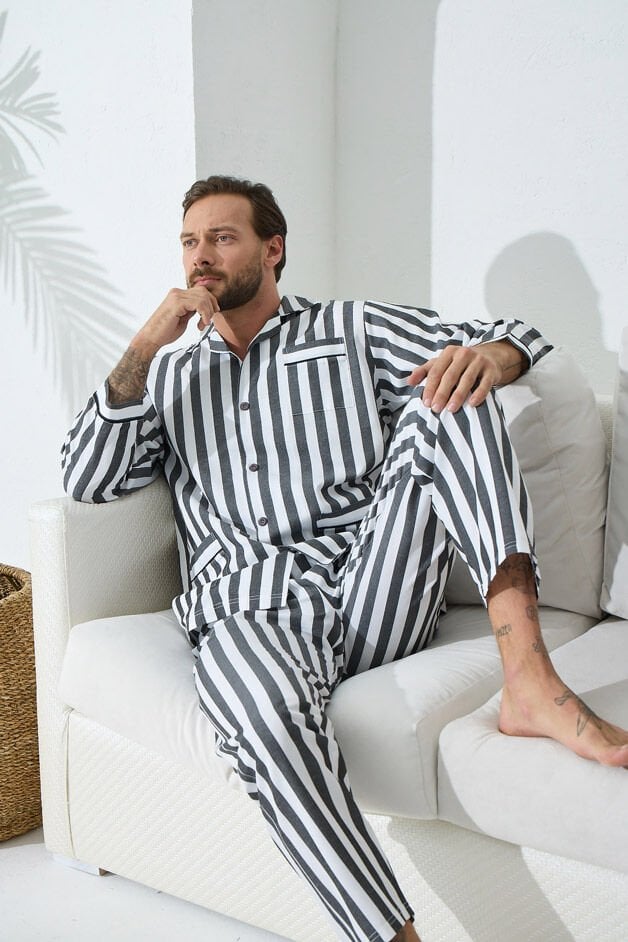 Kly 4007 Çizgili Dokuma Poplin Kumaş Erkek Gaffur Uzun Kol Pijama