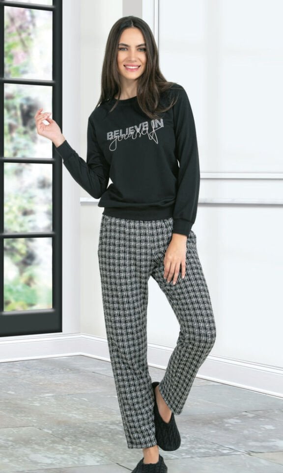 Kışlık Siyah Spor Sıfır Yaka Uzun Kol Pijama