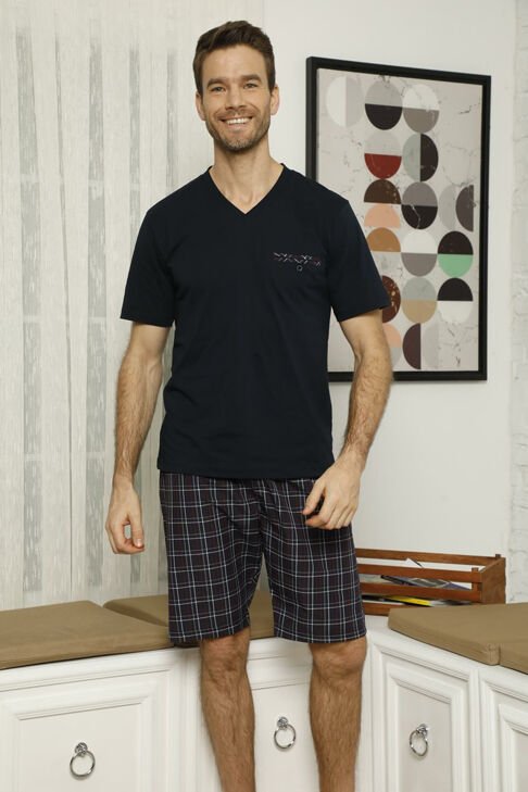 Kly V Yaka Erkek Kısa Kol Şortlu 3'Lü Pamuk Penye Pijama Takım 7608