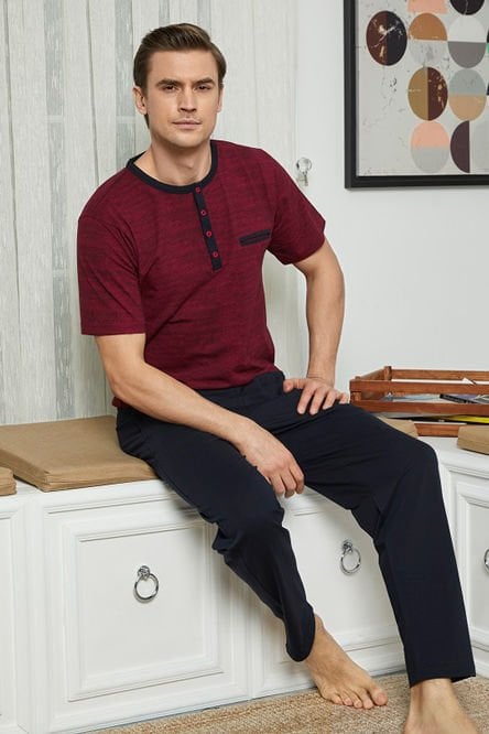 Kly Midi Yaka Erkek Kısa Kol Şortlu 3'Lü Pamuk Penye Pijama Takım 7603