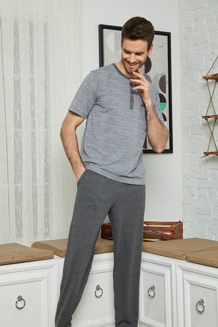 Kly Midi Yaka Erkek Kısa Kol Şortlu 3'Lü Pamuk Penye Pijama Takım 7603