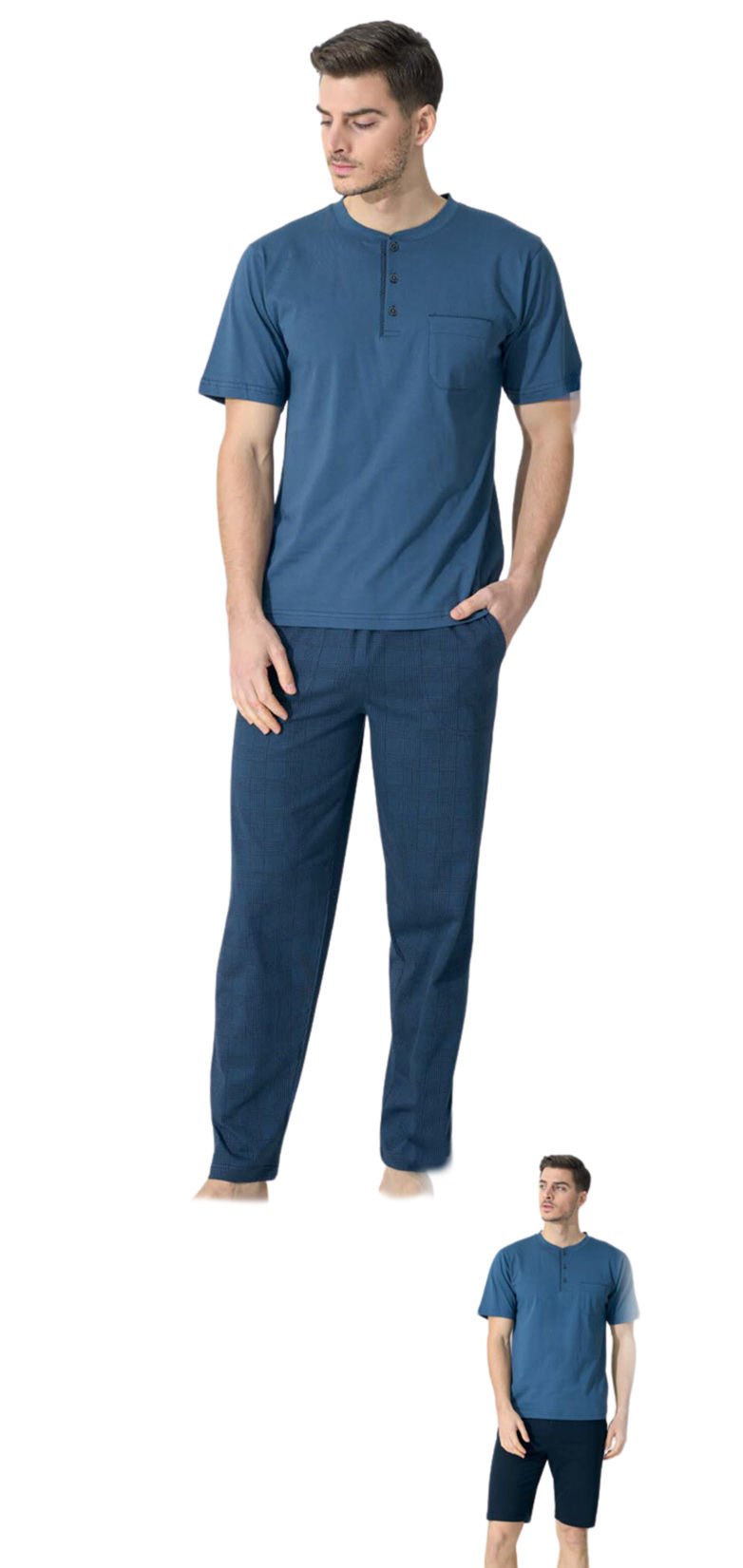 Kly Midi Yaka Erkek Kısa Kol Şortlu 3'Lü Pamuk Penye Pijama Takım 9601