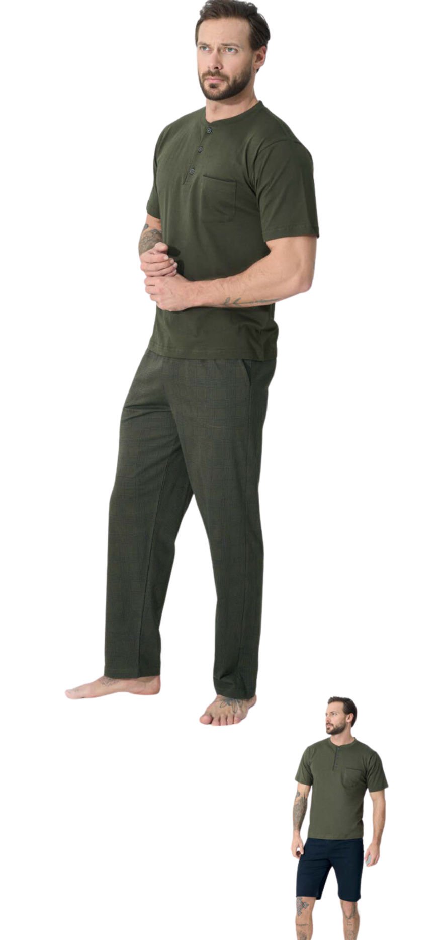 Kly Midi Yaka Erkek Kısa Kol Şortlu 3'Lü Pamuk Penye Pijama Takım 9601