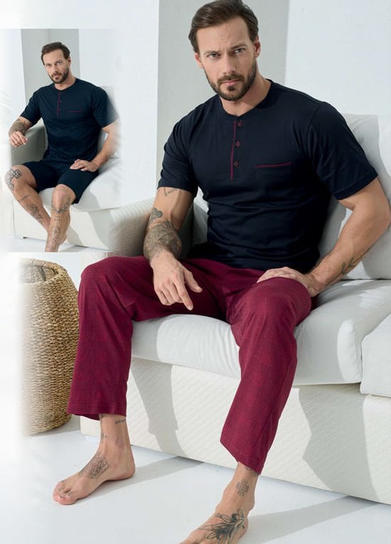 Kly Midi Yaka Erkek Kısa Kol Şortlu 3'Lü Pamuk Penye Pijama Takım 9601