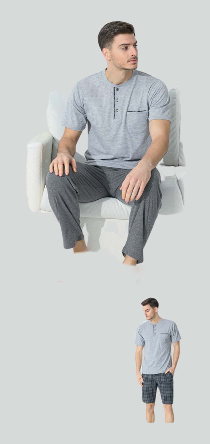 Kly Midi Yaka Erkek Kısa Kol Şortlu 3'Lü Pamuk Penye Pijama Takım 9600