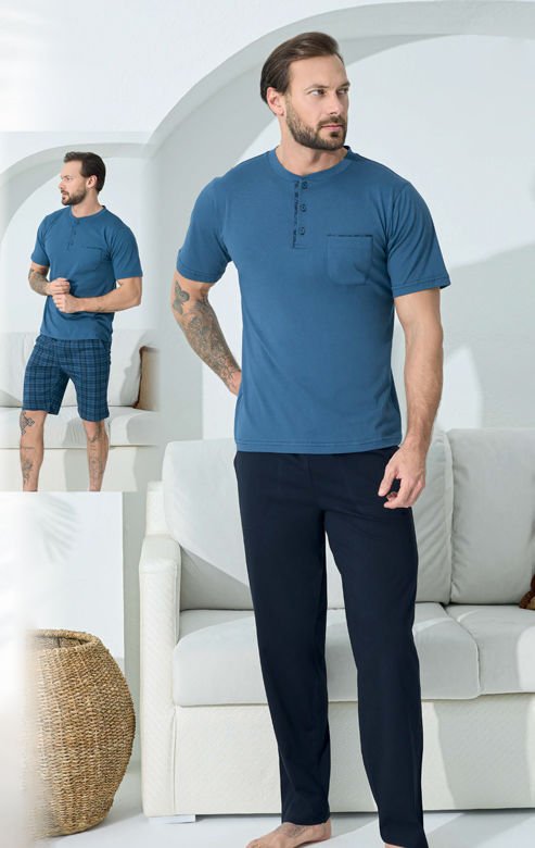 Kly Midi Yaka Erkek Kısa Kol Şortlu 3'Lü Pamuk Penye Pijama Takım 9600