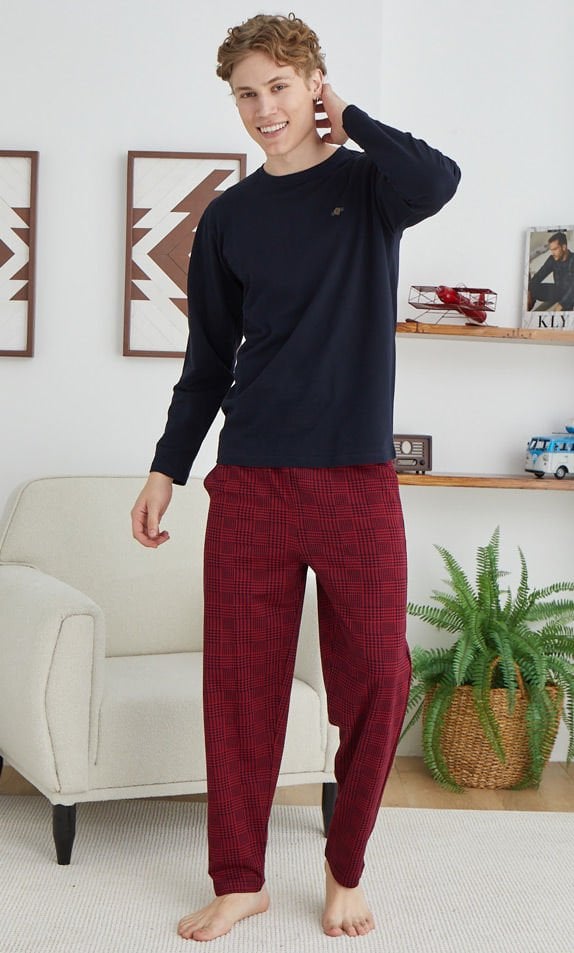 0 Yaka Altı Kareli Spor Orta Kalın Kly Erkek Pijama