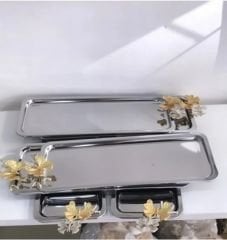 PASLANMAZ CELİK 6 Lİ DİKDÖRTGEN SUNUM TEPSİSİ KELEBEK AKSESUARLI BATON