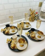 SİYAH RENK 6 Lİ YUVARLAK SUNUM TEPSİSİ KELEBEK AKSESUARLI LUX SUNUM