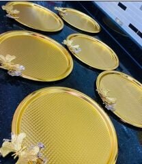 GOLD KAPLAMA 6 Lİ YUVARLAK SUNUM TEPSİSİ KELEBEK AKSESUARLI LUX SUNUM