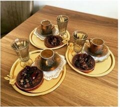 YUVARLAK GOLD KAPLAMA 6 Lİ GOLD JAPON GÜLLÜ SUNUM TEPSİSİ