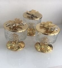 GOLD RENK 3 LÜ KAPAKLI CAM ŞEKERLİK ÇEREZLİK CAM ÜRÜN