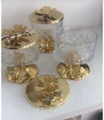 GOLD RENK 3 LÜ KAPAKLI CAM ŞEKERLİK ÇEREZLİK CAM ÜRÜN