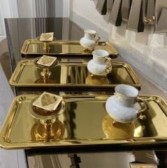 3 LÜ GOLD KAPLAMA DİKDÖRTGEN MODEL ÇAY KAHVE TEPSİSİ LÜX