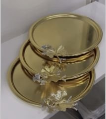 3 LÜ GOLD KAPLAMA YUVARLAK SUNUM TEPSİSİ KELEBEK AKSESUARLI