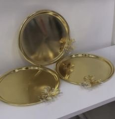 3 LÜ GOLD KAPLAMA YUVARLAK SUNUM TEPSİSİ KELEBEK AKSESUARLI
