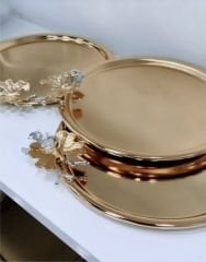 3 LÜ GOLD KAPLAMA YUVARLAK SUNUM TEPSİSİ KELEBEK AKSESUARLI
