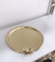 GOLD YUVARLAK ÇİÇEK AKSESUARLI TEK KİŞİLİK SUNUM TEPSİSİ